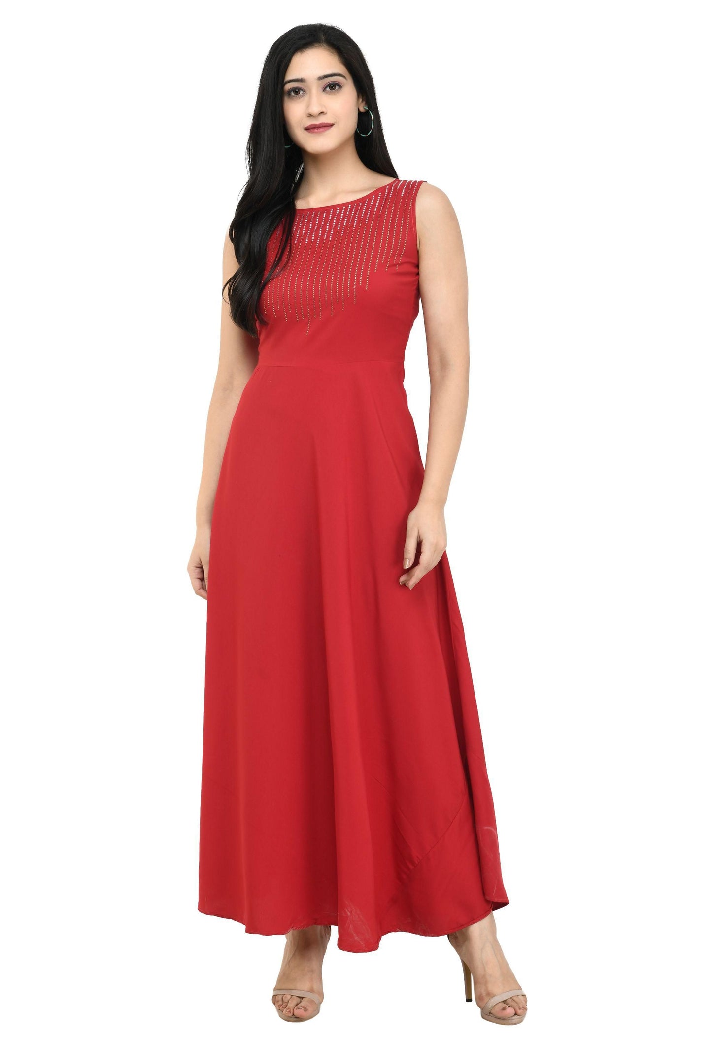 Oceanista Women's Crepe Embellished Red Maxi Dress – Elegant Partywear.