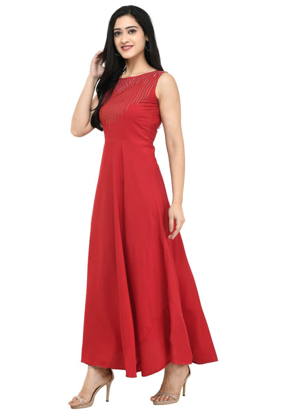 Oceanista Women's Crepe Embellished Red Maxi Dress – Elegant Partywear.