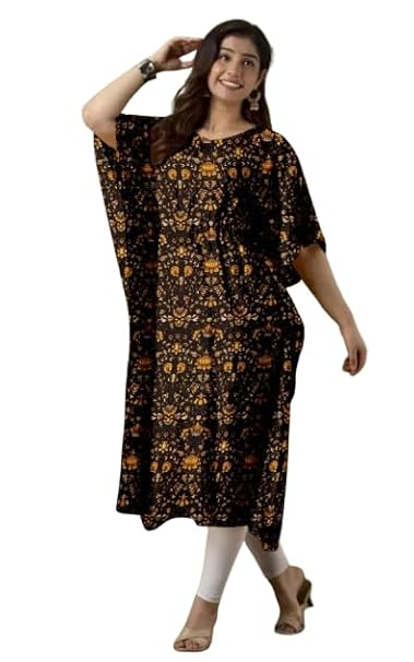 Stylish Yellow Floral Kaftan Dress | Poly Crepe Knee-Length Indo Western Dress | Casual & Daily Wear Boat Neck