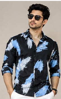 AI-generated front view styling reference for the abstract print shirt