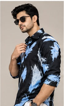 AI-generated side view styling reference for the abstract print shirt