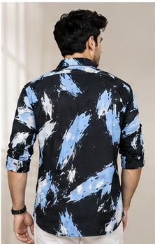 AI-generated back view styling reference for the abstract print shirt