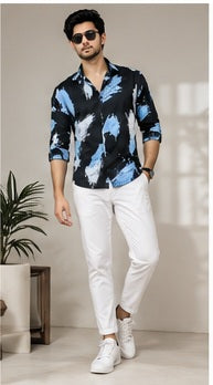 AI-generated full-look styling reference for the abstract print shirt