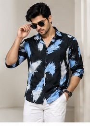 AI-generated casual outfit styling reference for the abstract print shirt