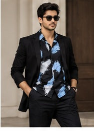 AI-generated evening outfit styling reference for the abstract print shirt