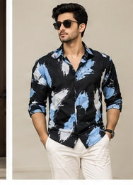 AI-generated everyday outfit styling reference for the abstract print shirt