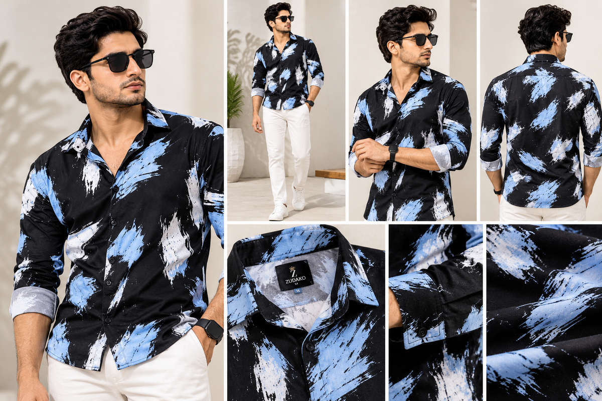 ZUDAKO men's black shirt with blue and white abstract brush-stroke print worn by a male model; premium front, side, back and fabric-detail photoshoot