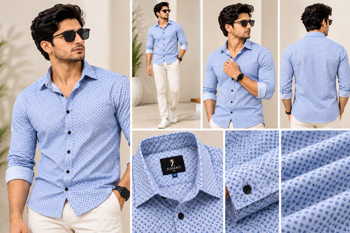 ZUDAKO men's light-blue micro-print shirt worn by a male model, with front, back and fabric-detail photos
