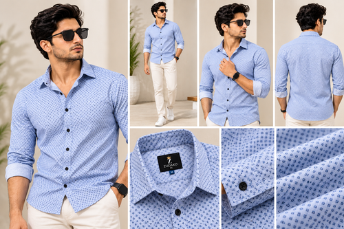 ZUDAKO men's light-blue micro-print shirt worn by a male model, with front, back and fabric-detail photos
